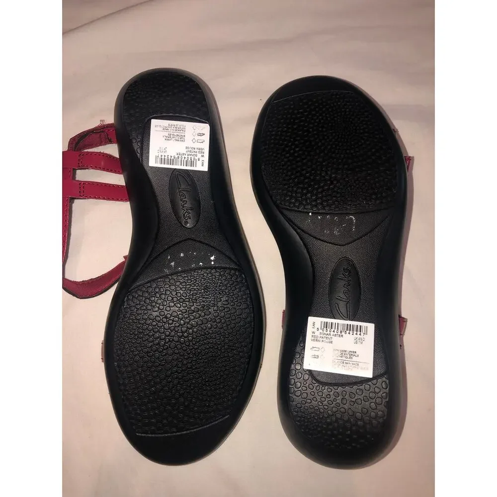 Clarks Collection Sandals Size 7 Red Patent Sonar Aster T Strap Shoes Summer